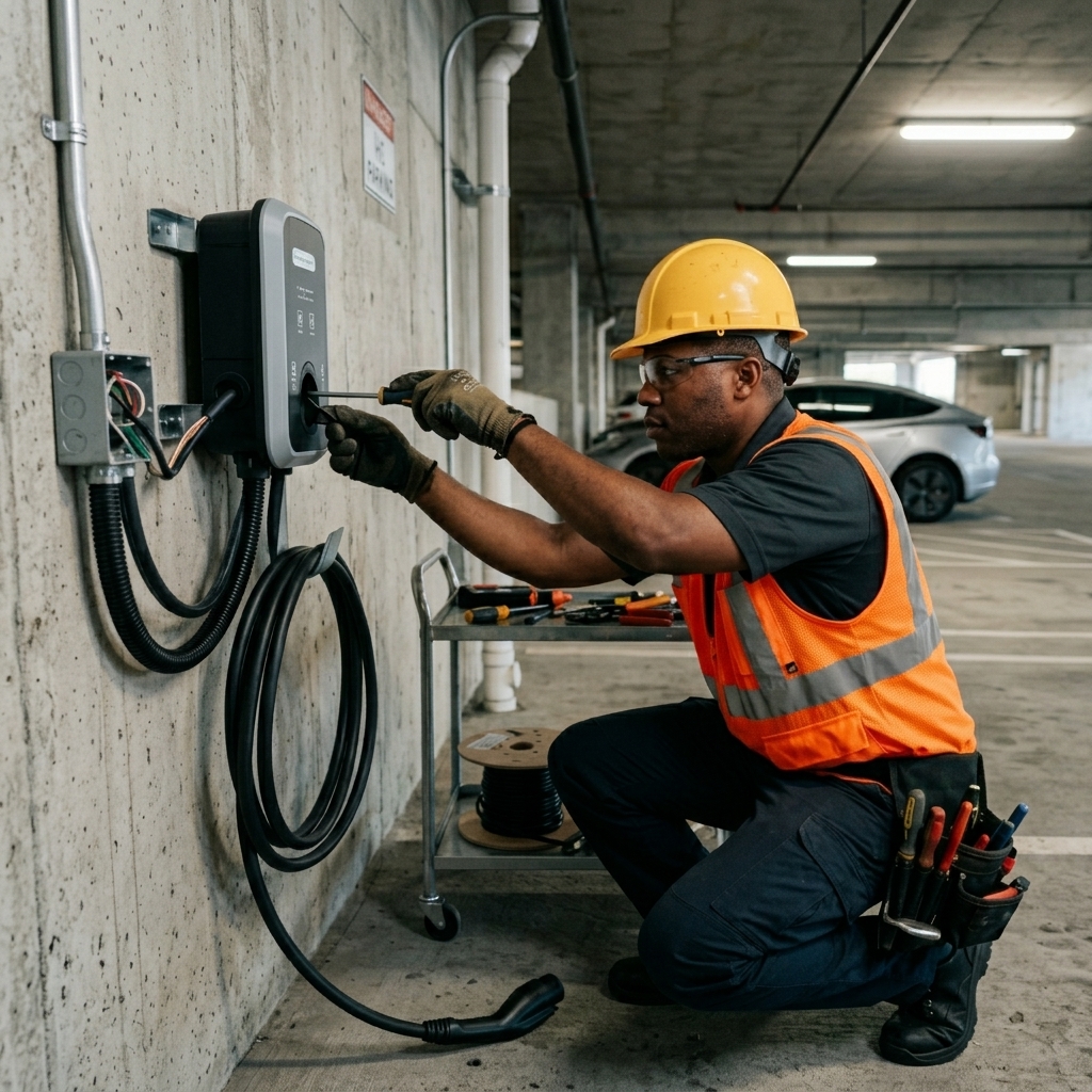Technician installing an EV charger